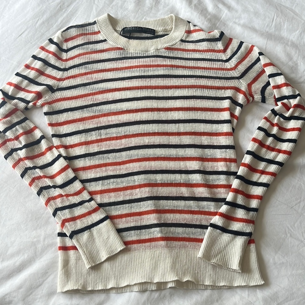 Veronica beard striped sweater, size small. Blue, orange, and white stripes.